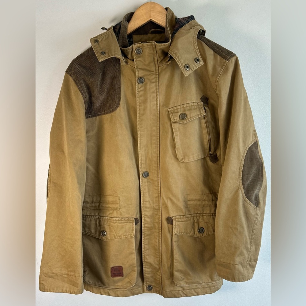 AFS JEEP Men's Lined Field Utility Tan Zip Up Insulated Hooded Jacket M Like New